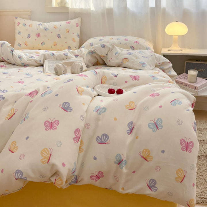 Freyamy Kinder Bettwäsche 100x135cm 2teilig Beige Bunt Schmetterling Mädchen Bettwaren-Sets Schmette