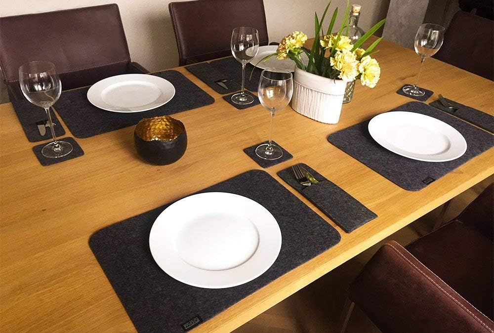 MIQIO Tischset aus Filz - 12er Tisch Untersetzer-Set - Filz Tischset abwaschbar - 4 Platzsets, Glasu