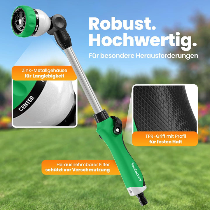 rainfactory Giessstab 45cm - Gartenbrause mit Stiel & 8 Sprühbildern - 180° drehbare Giesslanze mit
