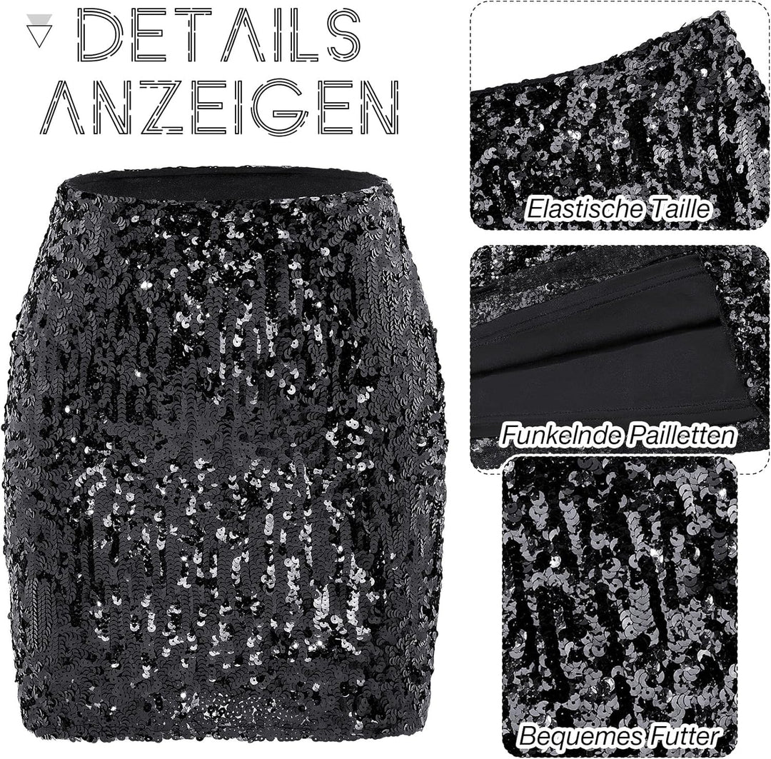 Durio Pailettenrock Für Damen Glitzer Rock Kurz Damen Sexy Midi Skirt Hüftrock mit Elastische Taille