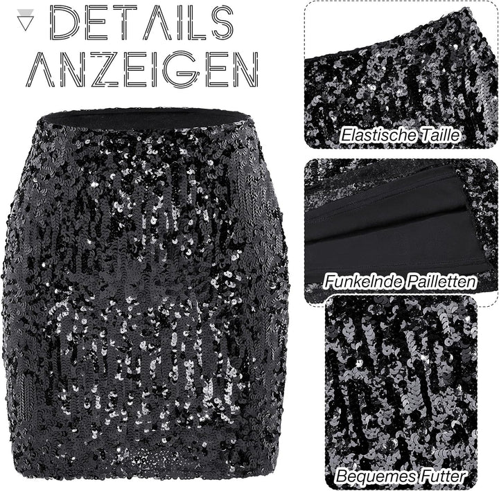 Durio Pailettenrock Für Damen Glitzer Rock Kurz Damen Sexy Midi Skirt Hüftrock mit Elastische Taille