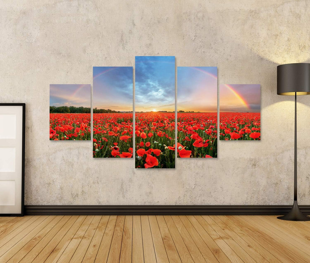 islandburner Bild auf Leinwand Regenbogen Landschaft Über Mohnfeld Bilder Wandbilder Poster 80L x 70