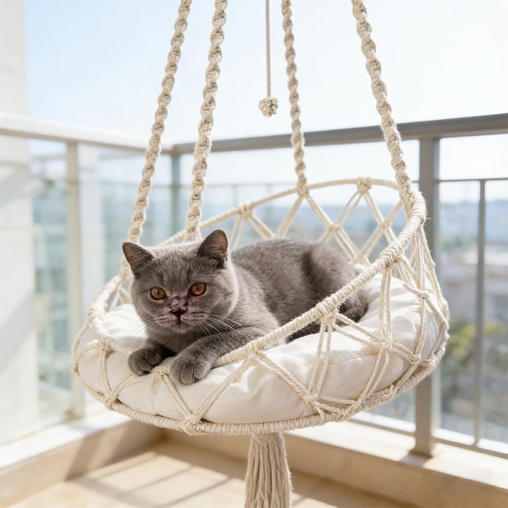 Katzenschaukel, HOVCEH Boho Makramee Katzen Hängematte mit Katzenspielzeug-Stick, 40cm Katzenhängema