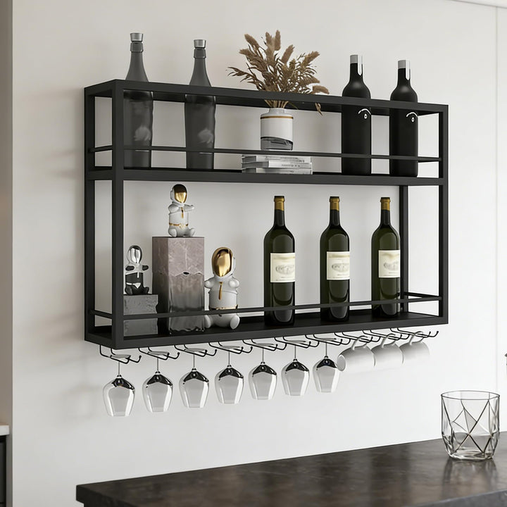 Industriell Wandmontierte Weinregal mit Glashalter, Schwarz Metallflaschenhalter Multi funktionaler