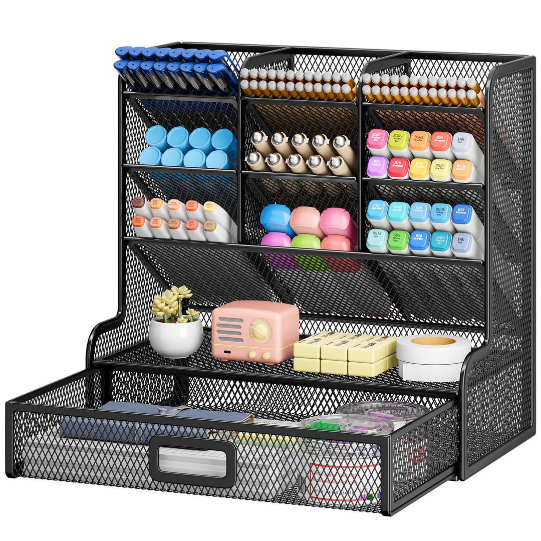 VITVITI Schreibtisch Organizer, 9 Fächer Stiftehalter mit Schublade, Netz Stifte Regal aus Metall, S