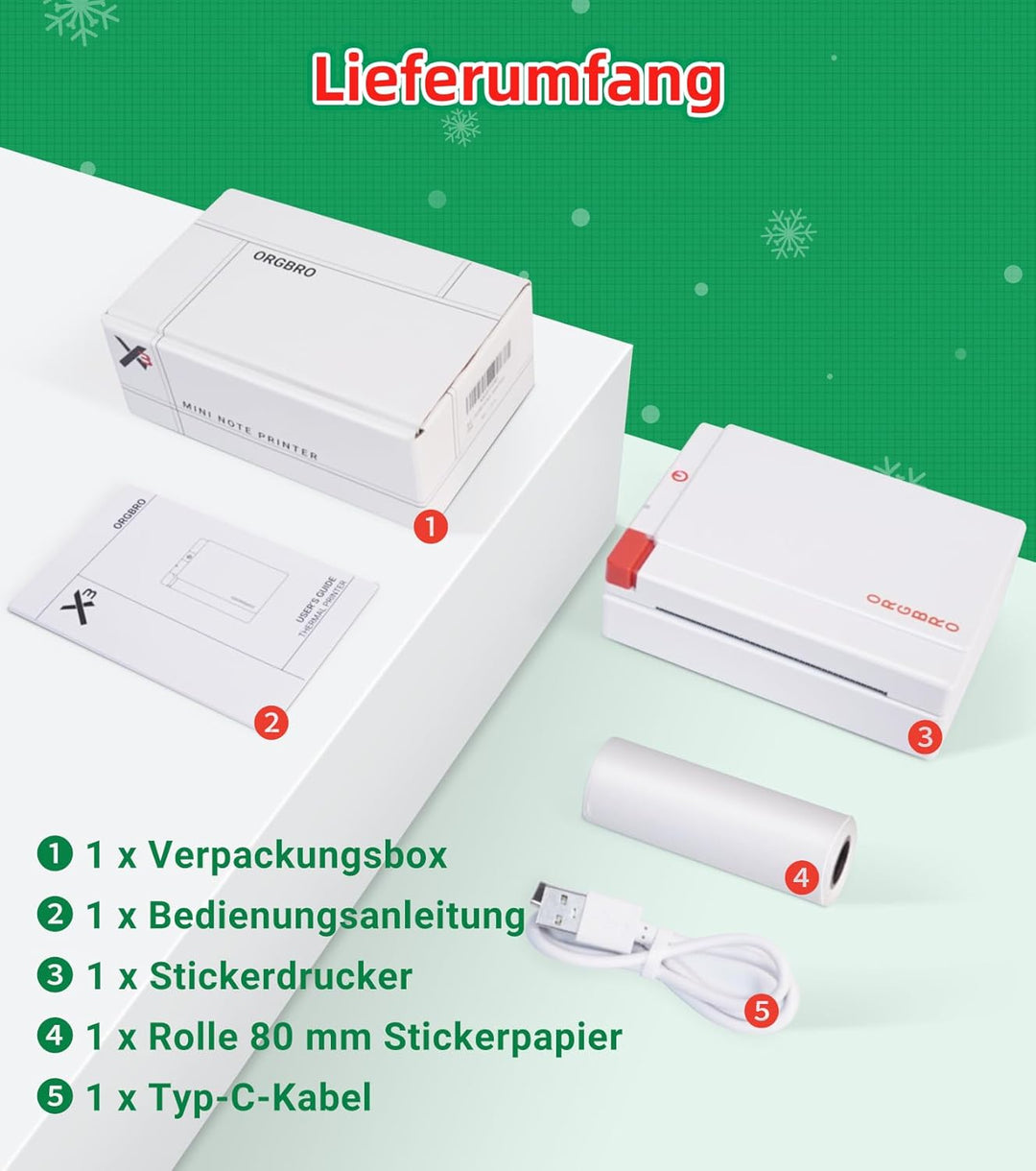 ORGBRO Mini Drucker für Smartphone, X3 Sticker Drucker Bluetooth mit 1 Rolle Aufkleber Papier, 300DP