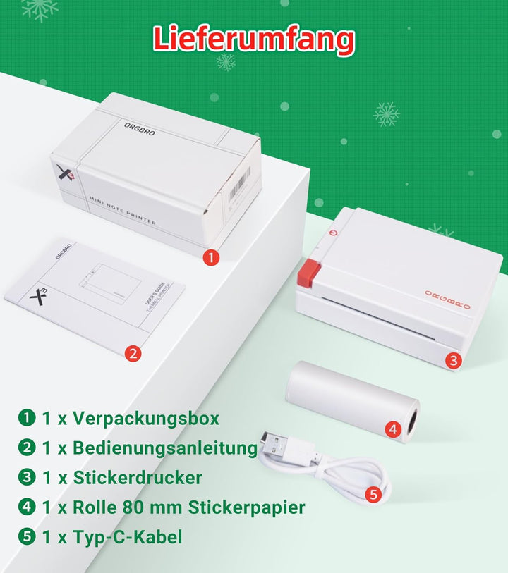 ORGBRO Mini Drucker für Smartphone, X3 Sticker Drucker Bluetooth mit 1 Rolle Aufkleber Papier, 300DP