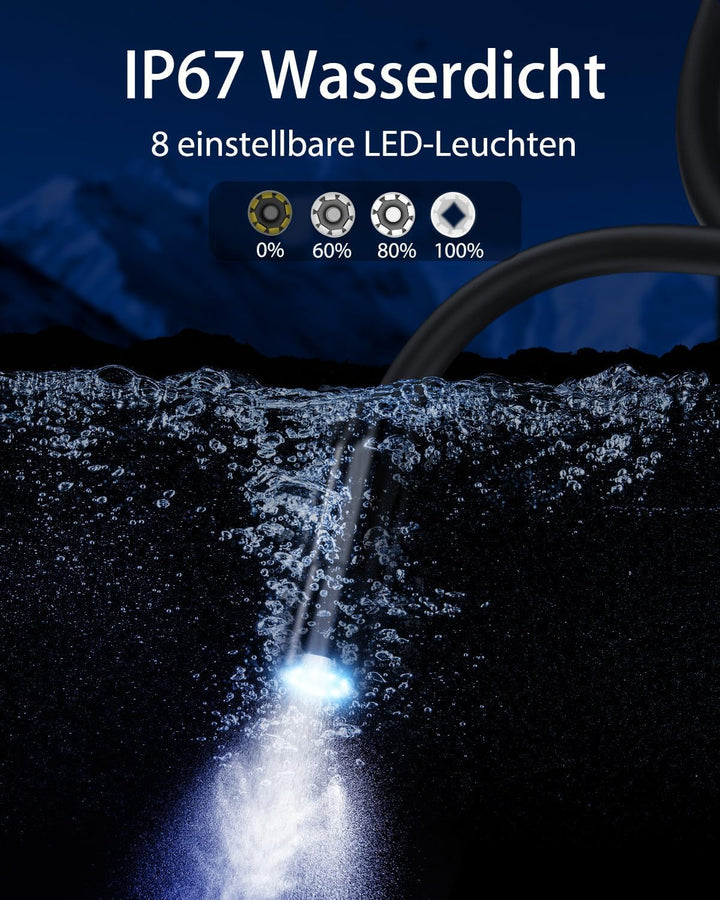 Endoskopkamera mit Licht, AOPICK 4.3" IPS Bildschirm Endoskop mit 20M Halbstarres Kabel, 8mm IP67 wa