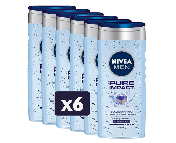 NIVEA MEN Pure Impact Dusch-Shampoo im 6er Pack (6 x 250 ml) Männer Badeschaum für Körper, Gesicht u