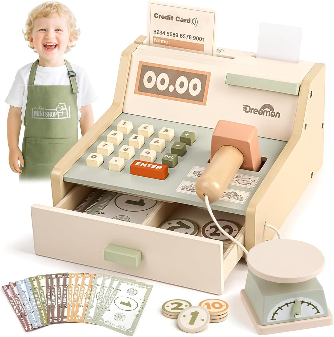 Dreamon Holz Kasse Kinder, Holz Spielkasse Kinderkasse mit Scanner Kaufladen Spielzeug mit Schürze G