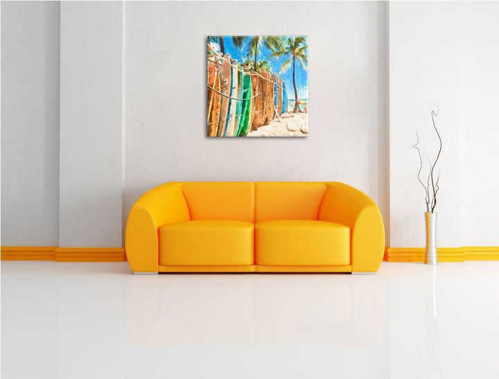 Pixxprint bunter Surfboards am Strand, Format: 70x70 auf Leinwand, 70x70