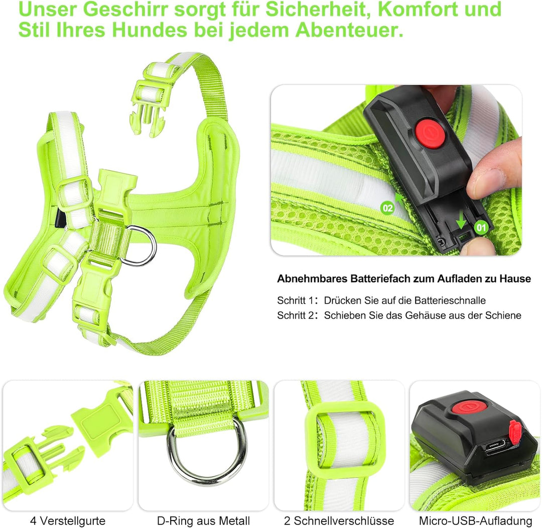 PZRLit Hundegeschirr Leuchtend, Leuchtgeschirr für Hunde Aufladbar, Leuchtendes Hundegeschirr LED, L