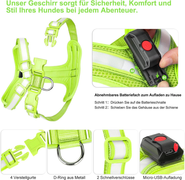 PZRLit Hundegeschirr Leuchtend, Leuchtgeschirr für Hunde Aufladbar, Leuchtendes Hundegeschirr LED, L
