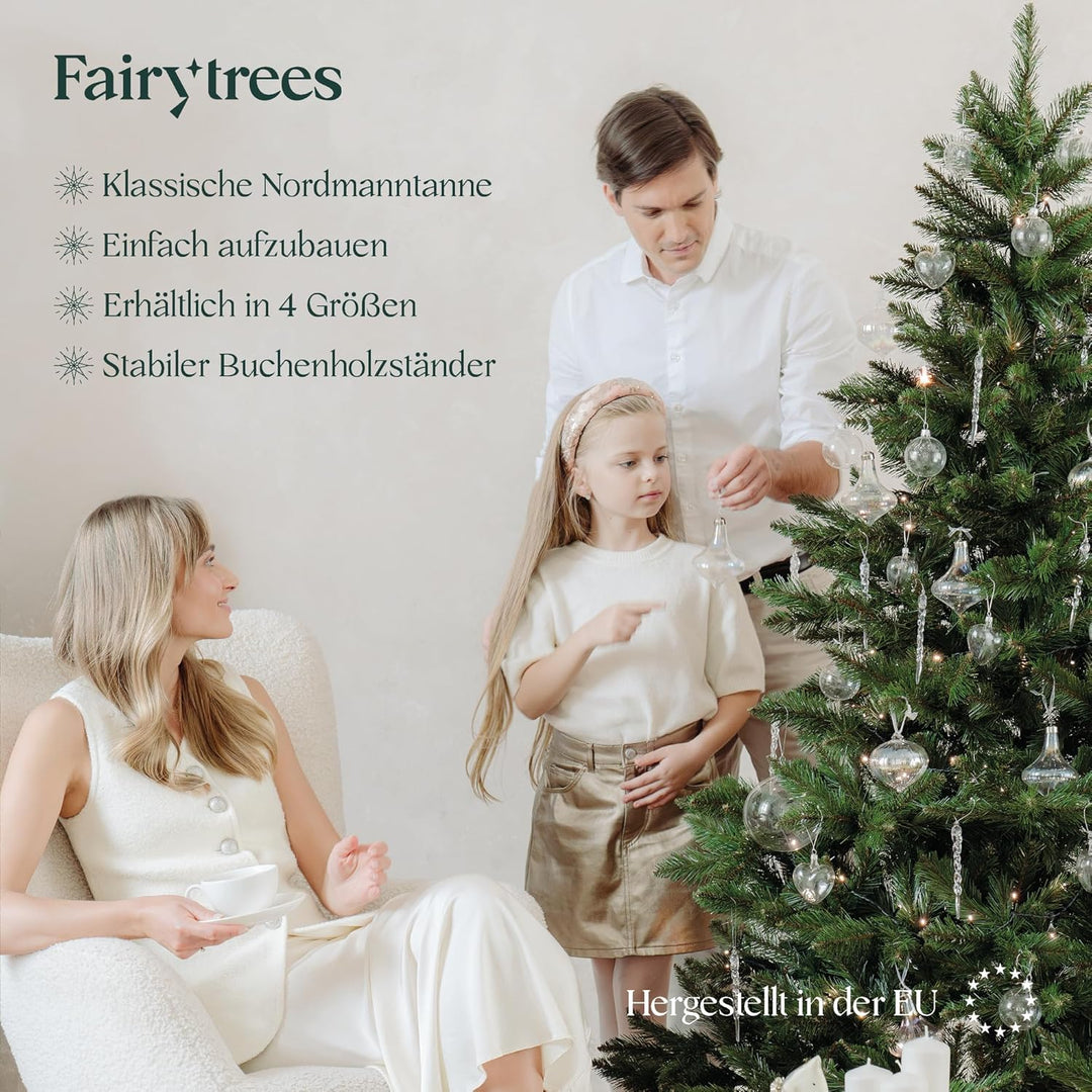 FairyTrees Weihnachtsbaum künstlich 120cm NORDMANNTANNE mit Christbaum Holzständer | TESTSIEGER Tann