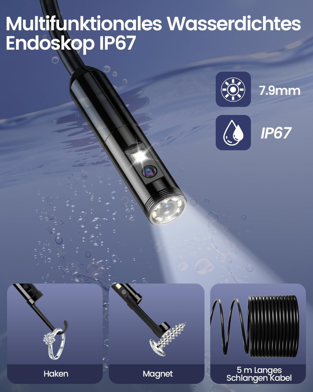 Endoskopkamera mit Licht, 1920P HD Doppellinse Inspektionskamera Handy mit 8 LED, Kein WLAN Endoskop
