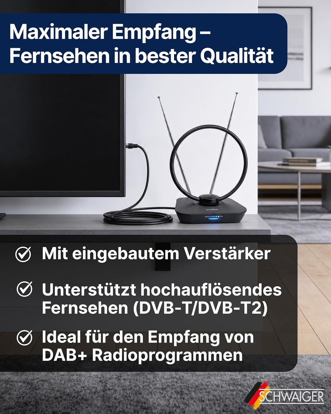 SCHWAIGER 720365 DVB-T2 Zimmerantenne aktiv mit Verstärker DAB+ DVB-T Antenne Fernsehen LTE-Sperrfil