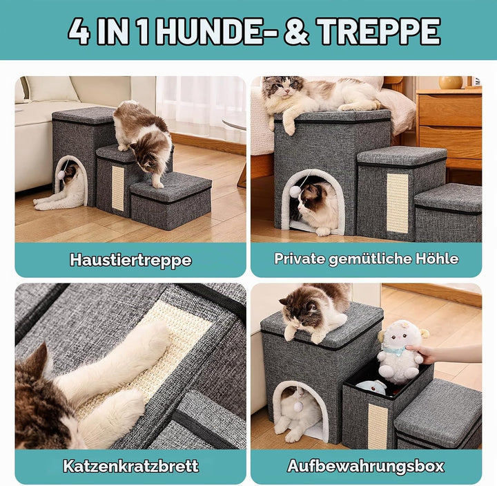 4 in 1 Faltbare Hundetreppe für Bett &amp; Sofa, 3 Stufen Haustierleiter mit Aufbewahrungsboxen, Katzenh