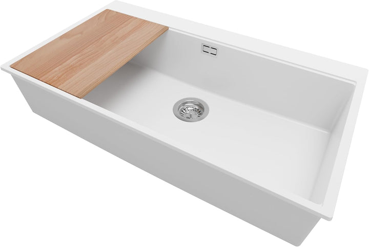 Spülbecken Weiss 88x50cm, Granitspüle 1 Becken + Ablauf-Set + Schneidebrett, Küchenspüle ab 90er Unt