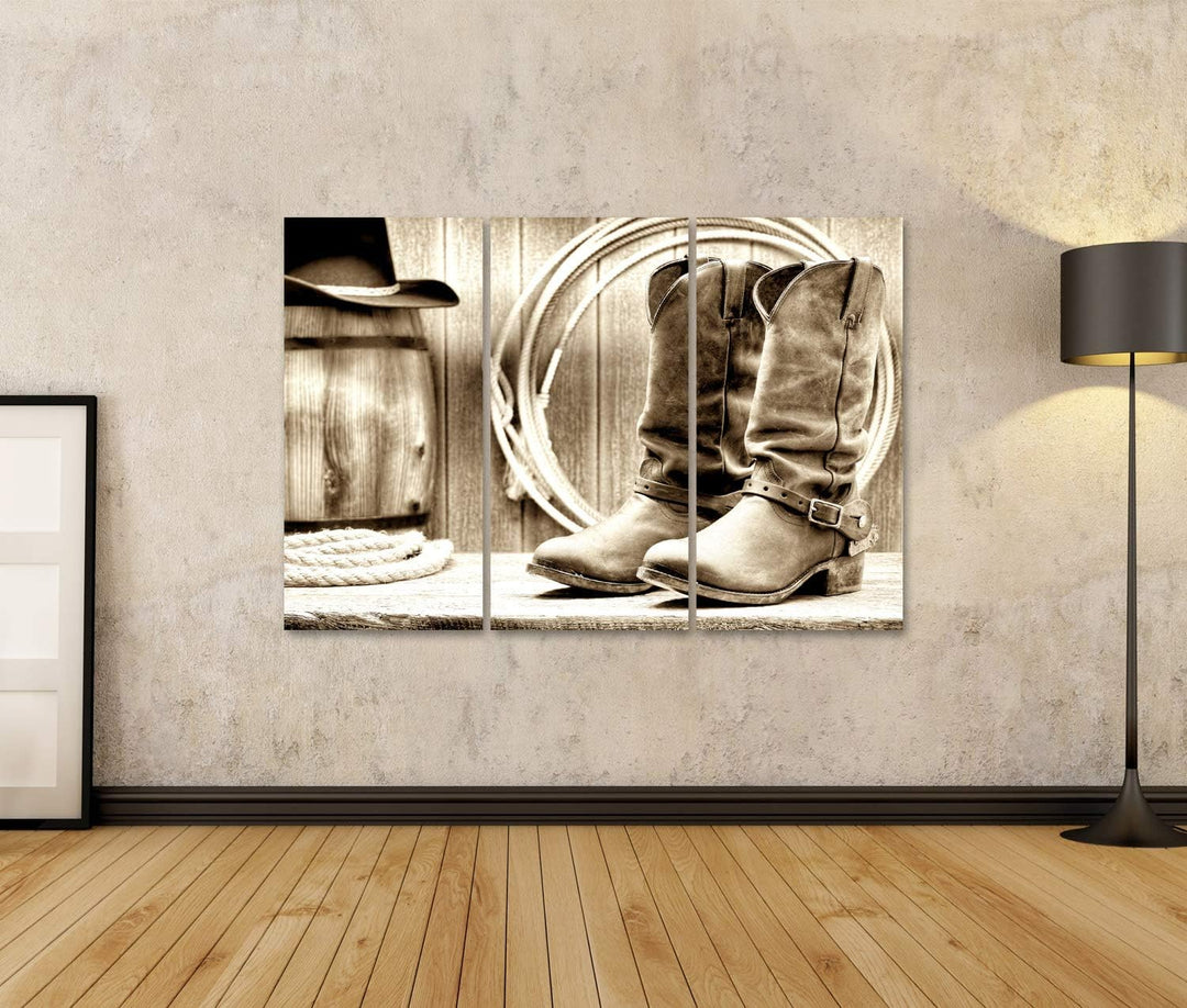 islandburner Bild auf Leinwand Amerikanischer Westen Rodeo Cowboystiefel Alte Ranch Scheune Bilder W