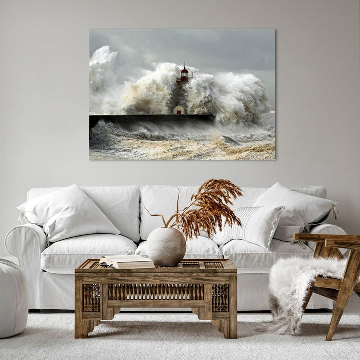ARTTOR Bilder auf Leinwand 100x70cm Leinwandbild Leuchtturm Ozean Sturm Gross Wanddeko Bild Schlafzi