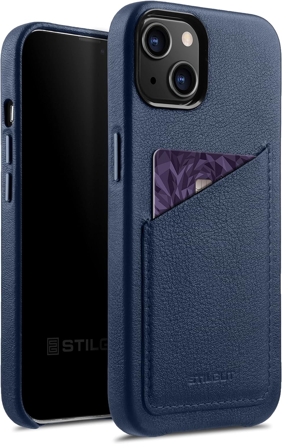 STILGUT Cover kompatibel mit iPhone 13 Hülle mit Kartenfach, Case aus Leder, Kartenhülle - Dunkelbla
