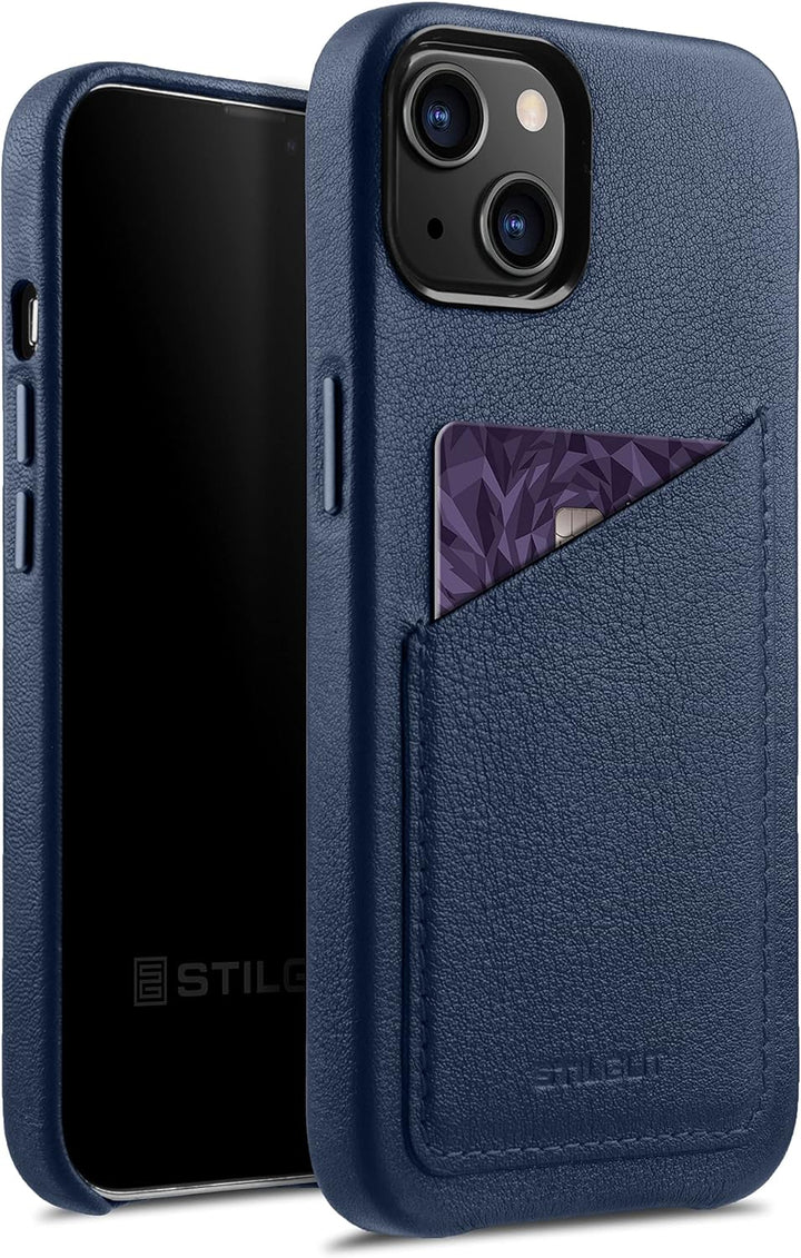 STILGUT Cover kompatibel mit iPhone 13 Hülle mit Kartenfach, Case aus Leder, Kartenhülle - Dunkelbla