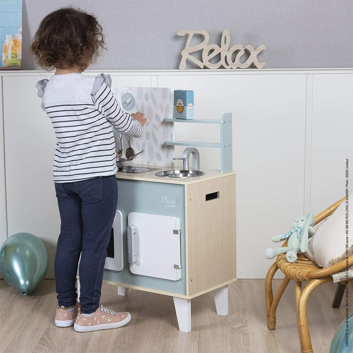 Janod - Küche ‘Plume’ - Kinderküche aus Holz mit Backofen, Edelstahlspüle, Schrank, Induktionskochpl