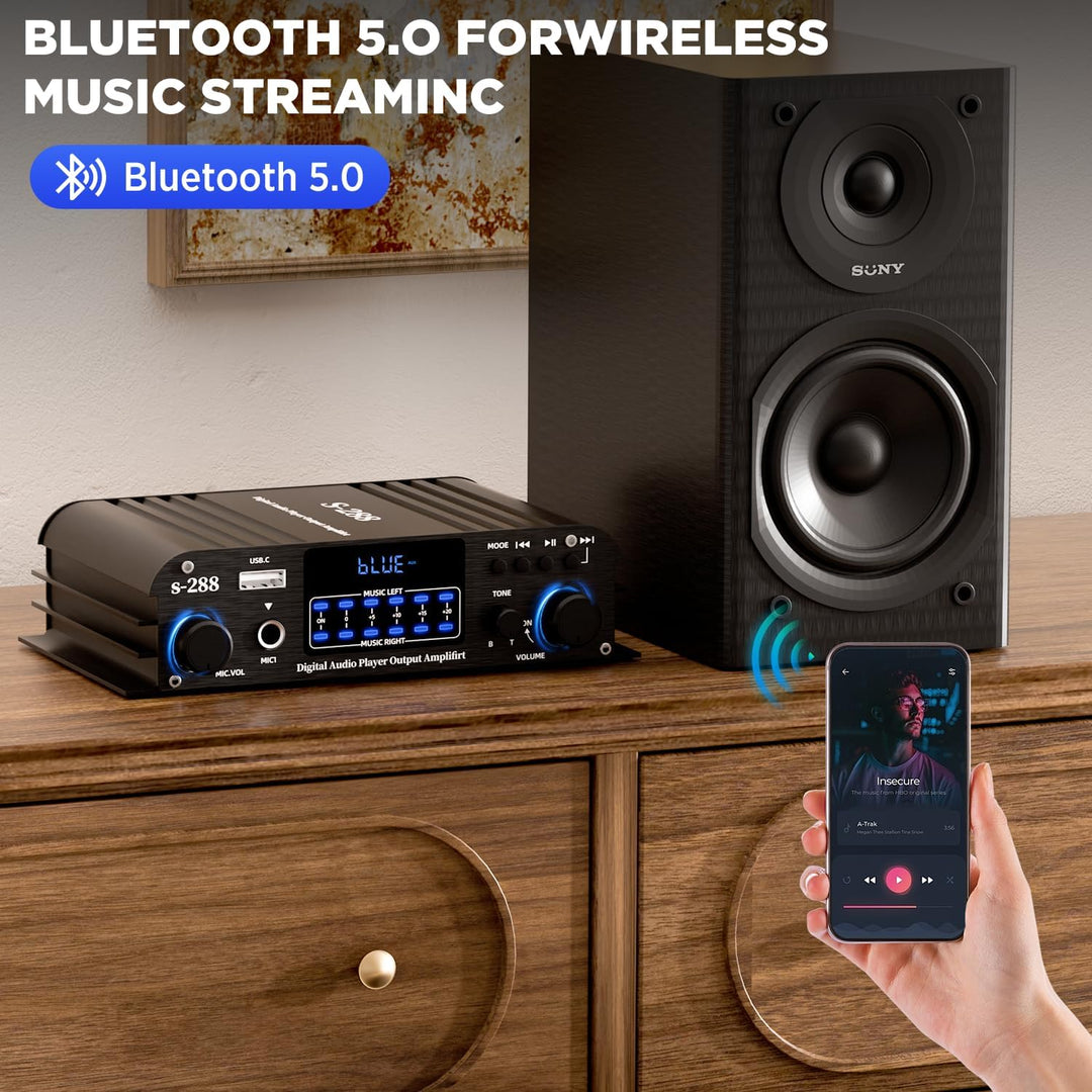 4.1-Kanal Verstärker, 1200W Mini HiFi Stereo Verstärker, Bluetooth 5.0 für Heimlautsprecher 35W x 4