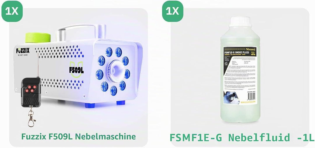 Fuzzix F509LW Nebelmaschine Mini mit LED Lichteffekt und 1L Nebelfluid, 500 Watt mit Fernbedienung,