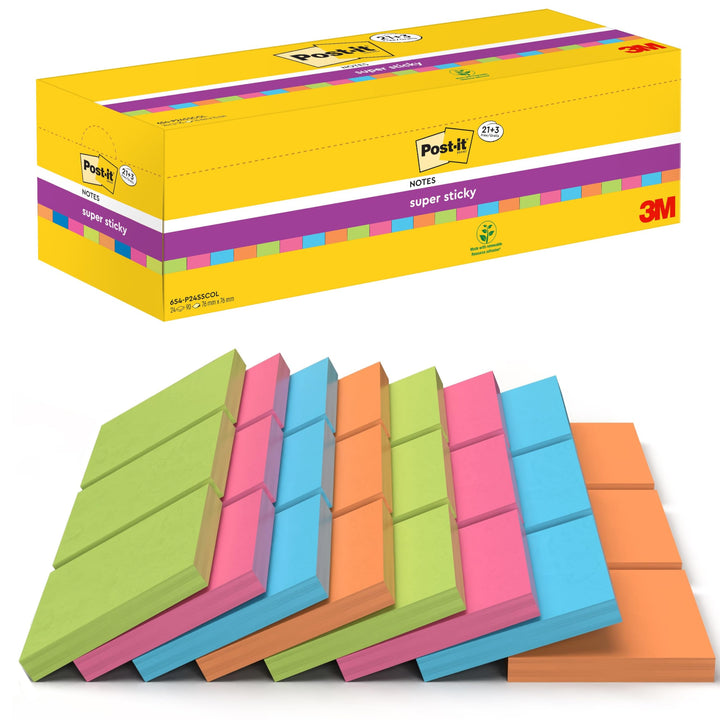 Post-it Super Sticky Notes, Packung mit 24 Blöcken, 90 Blatt pro Block, 76 mm x 76 mm, Farben: Grün,