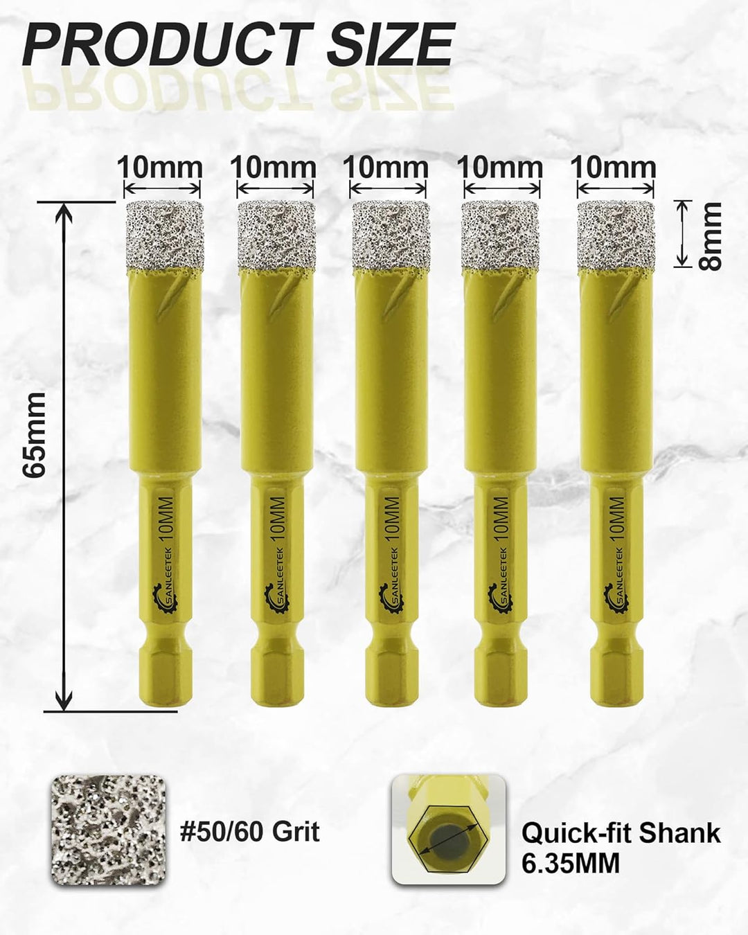 Trocken Diamant Bohrkrone 5 Stücke 10mm Fliesenbohrer mit Schnellwechsel Sechskant Schaft für Marmor