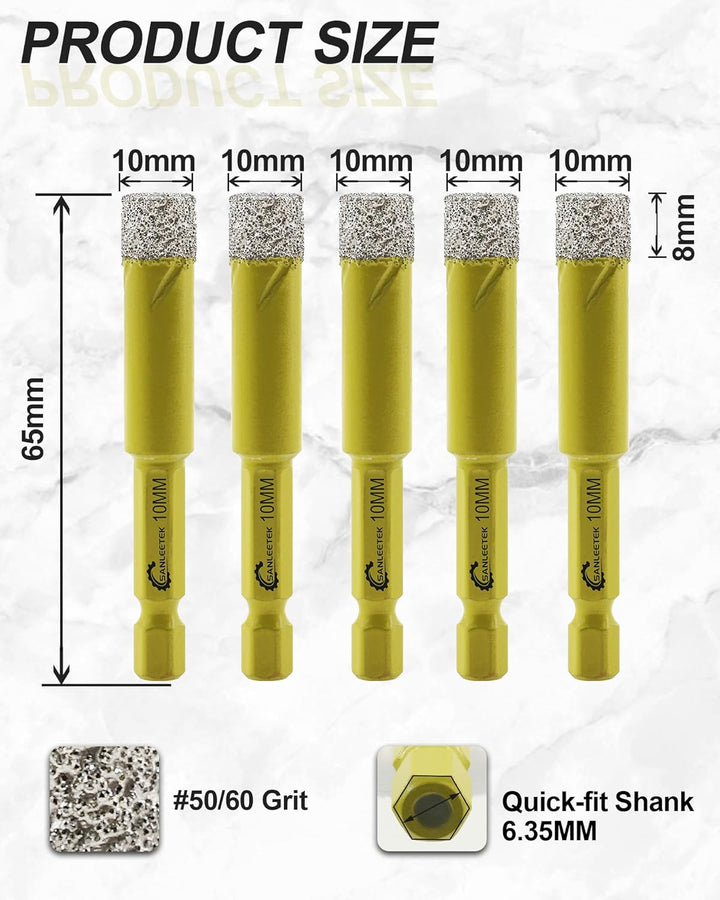 Trocken Diamant Bohrkrone 5 Stücke 10mm Fliesenbohrer mit Schnellwechsel Sechskant Schaft für Marmor