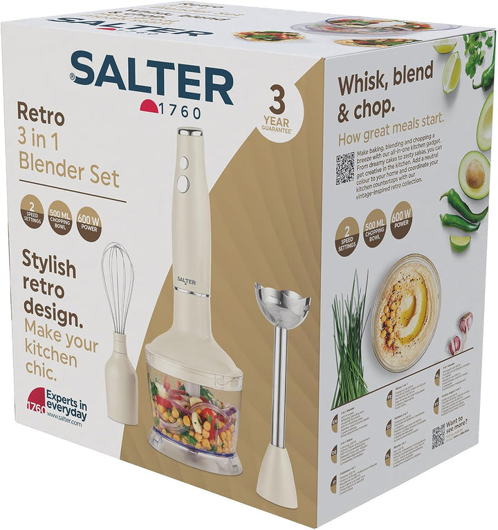 Salter Retro 3-in-1 Blender Set – 600W Motor, 2 Geschwindigkeiten, Schneebesen und Klingen aus Edels