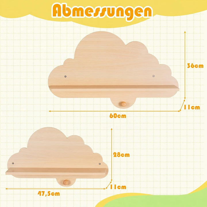 COSTWAY 2er Set Wandregal Kinder, Schweberegal im Wolkenform aus Massivholz, wandmontiertes Kinderre