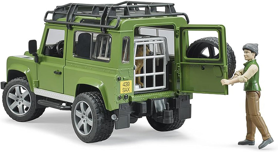 bruder 02587 - Land Rover Defender Station Wagon mit Förster & Hund - 1:16 Geländewagen Jeep Pick-up