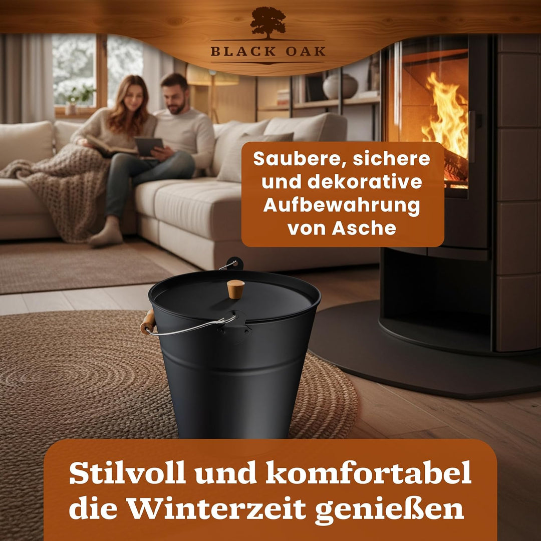 BLACK OAK Ascheeimer Fuego 10L - schwarz mit Deckel mit Holz-Griff & Handschuhen - 10L gross Stahl f