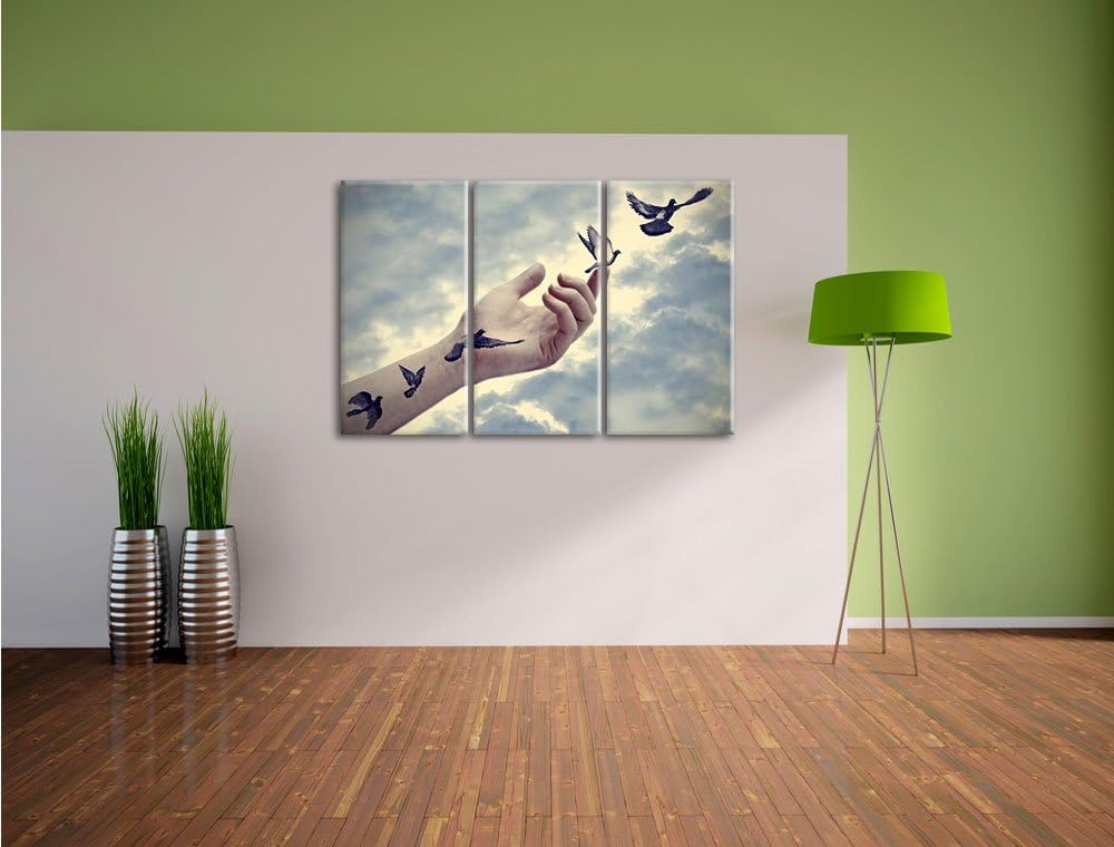Pixxprint Vögel fliegen in die Freiheit / 3-Teilig/Gesamtmass 120cm Leinwandbild bespannt auf Holzra