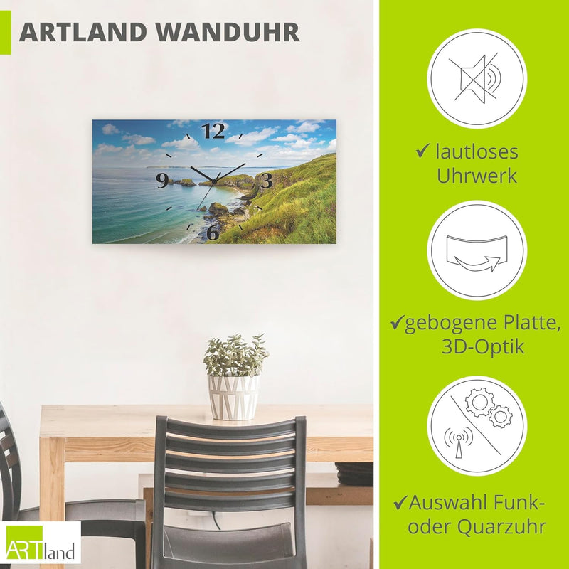 ARTLAND Wanduhr ohne Tickgeräusche Alu Quarzuhr lautlos 60x30 cm Rechteckig Landschaftsbilder Natur