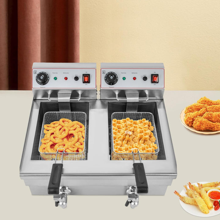 20L Elektrische Fritteuse, 6000W Kommerzielle Fritteuse mit 2 Bratkörbe und 2 Deckel, Aufsatzfritteu