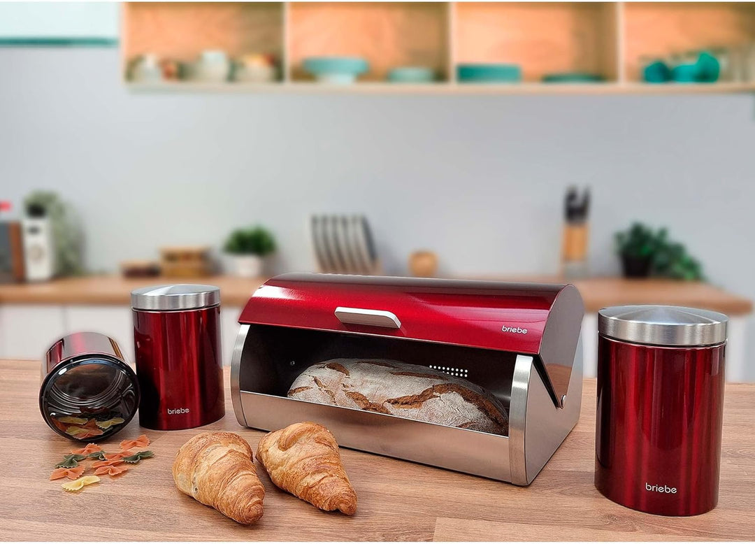 briebe Set aus Brotkasten +3 Küchenvorratsdosen Edelstahl, Brot- und Brötchenbehälter, Schiebedeckel
