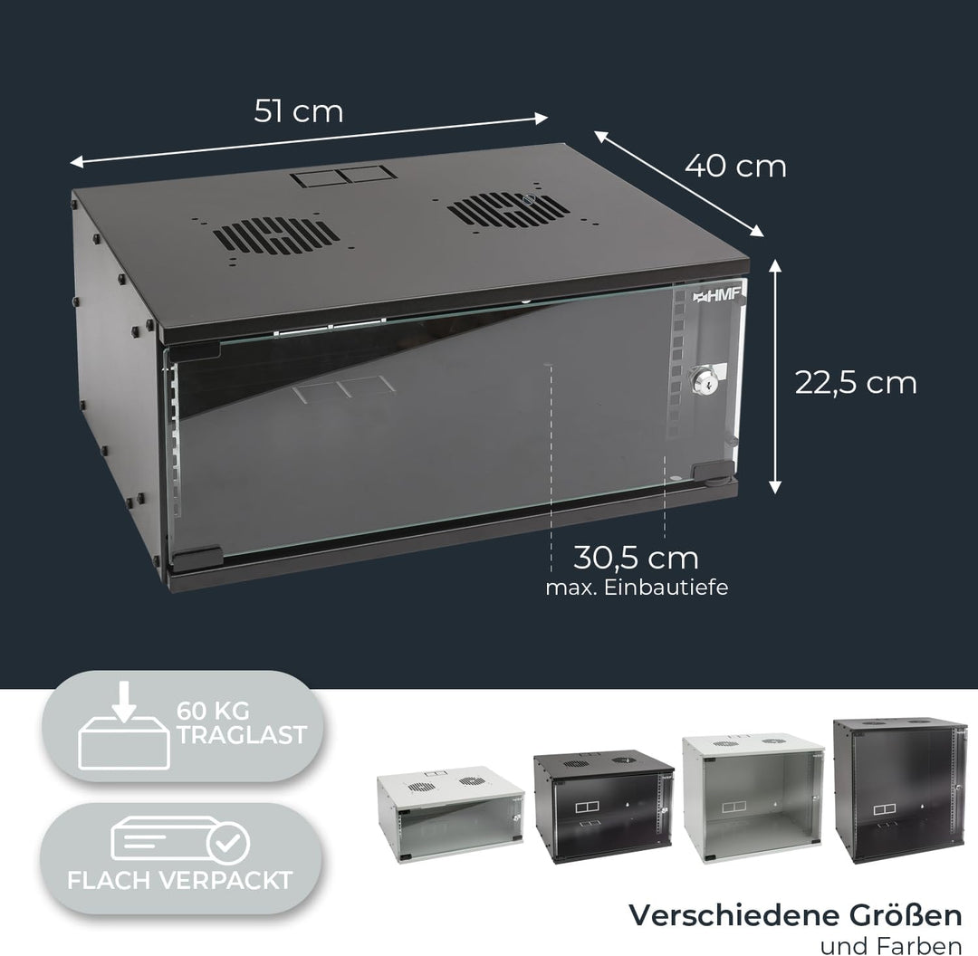 HMF 65704-02 Netzwerkschrank, Serverschrank 19 Zoll | 4 HE | 400 mm Tiefe | Glastür | Schwarz 4 HE S