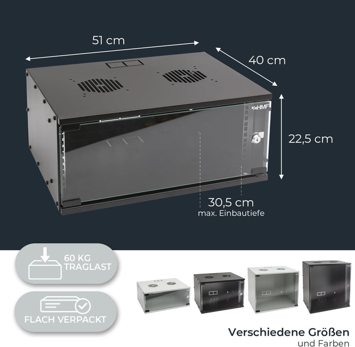 HMF 65704-02 Netzwerkschrank, Serverschrank 19 Zoll | 4 HE | 400 mm Tiefe | Glastür | Schwarz 4 HE S