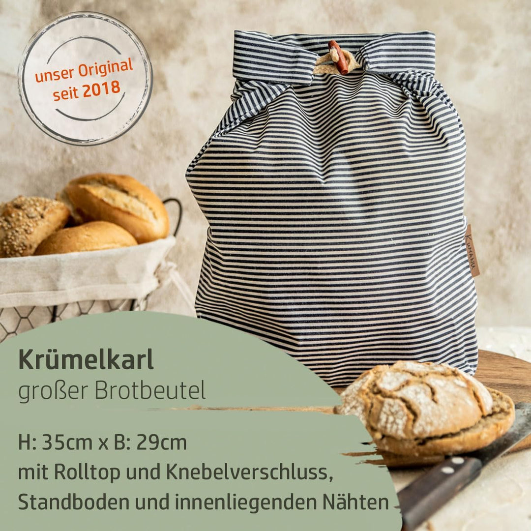 Kumanu |Bio-Bienenwachstuch - Brotbeutel KRÜMELKARL | H 35cm x B 29cm | mit Standboden und Verschlus