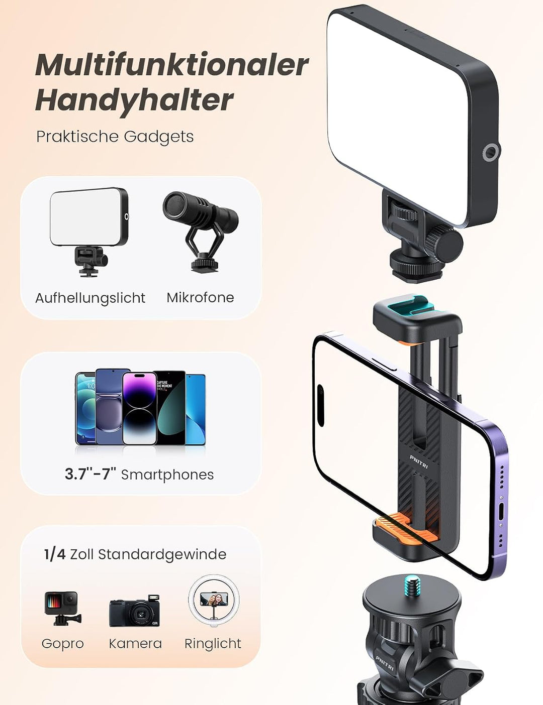 Pnitri 180cm Handy Stativ für Smartphone mit Licht 180cm mit licht, 180cm mit licht