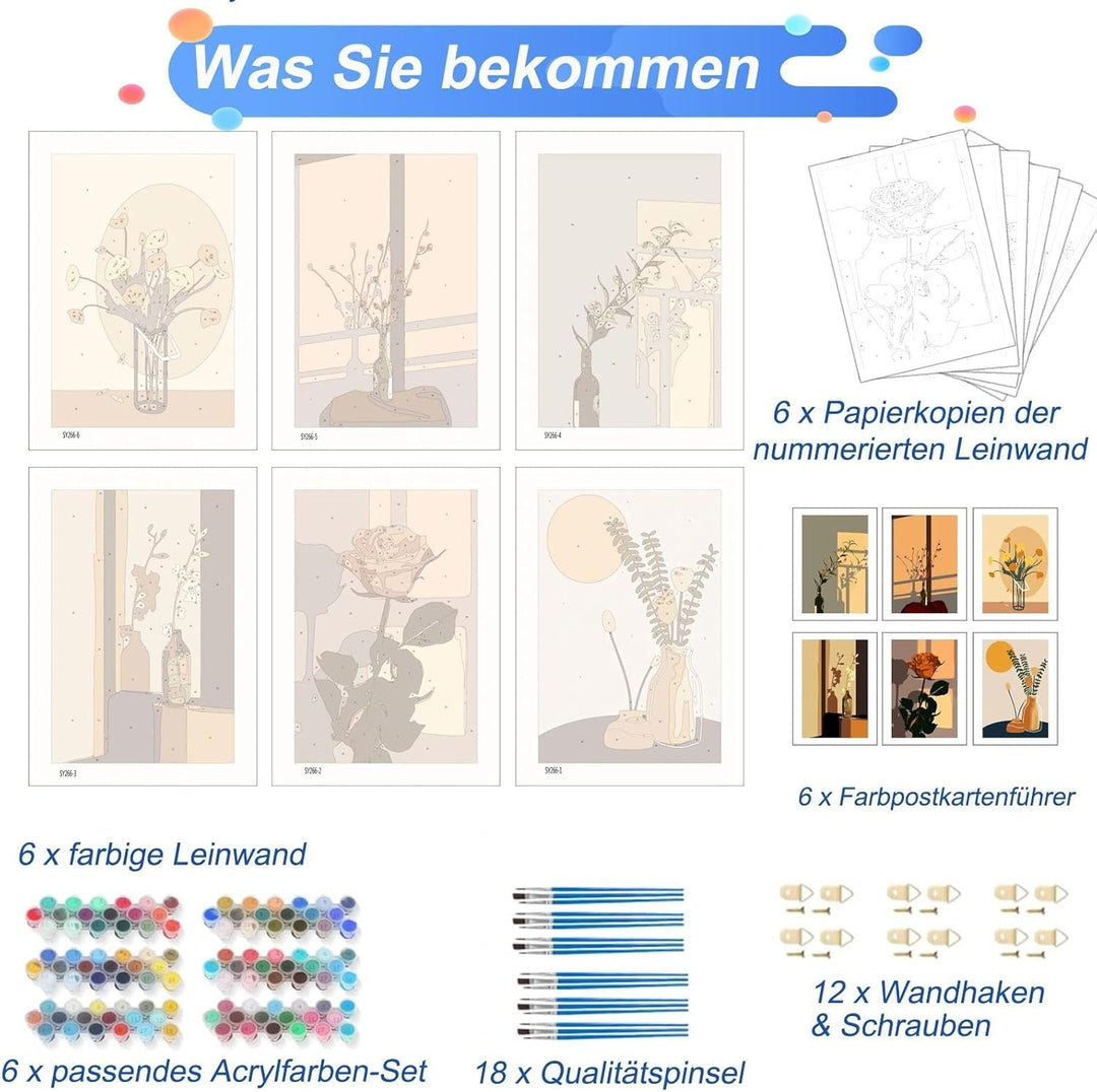 JATOK 6 Stück Malen Nach Zahlen Erwachsene, Paint by Numbers Malen Nach Zahlen, DIY Rosen mit Pinsel
