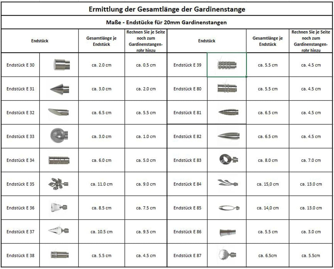 Edelstahl Look Gardinenstange 20mm Wandträger 1-läufig Kristall Spitze, Länge wählbar H50 E37 R, Län