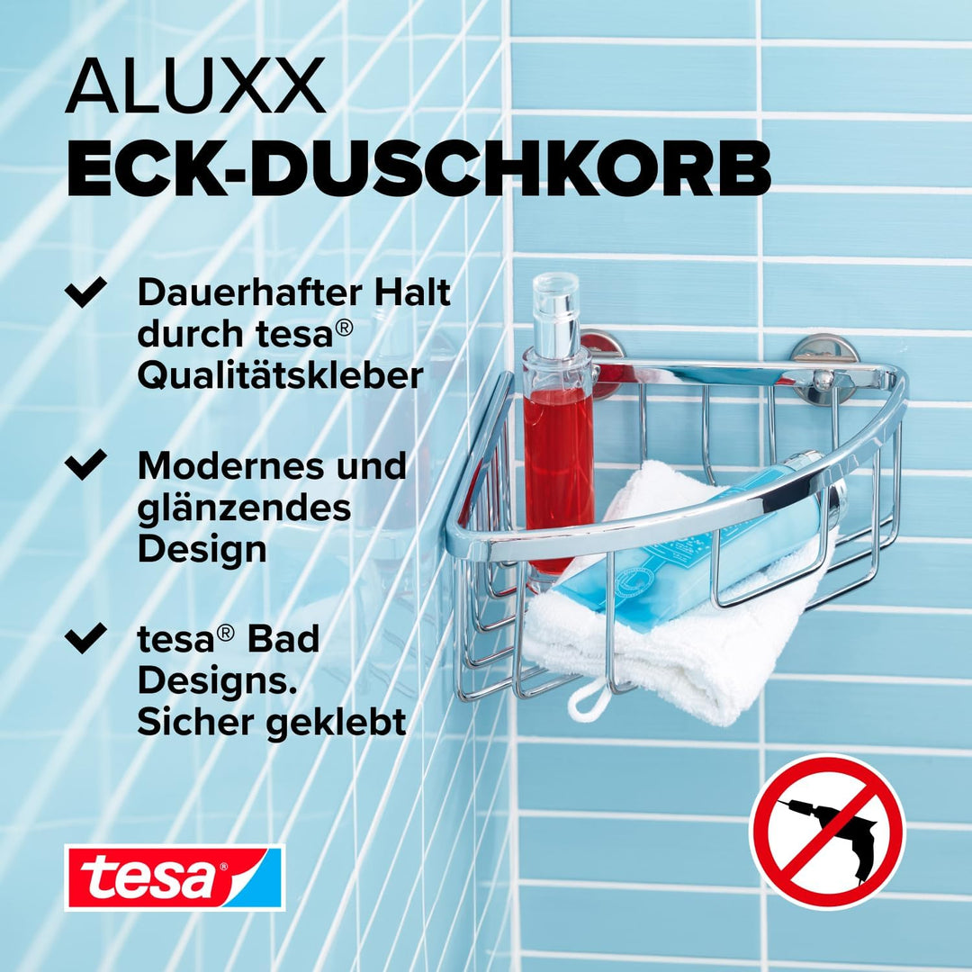 tesa ALUXX Eckduschkorb, Aluminium, verchromt, garantiert rostfrei, inkl. Klebelösung, 207 mm x 202