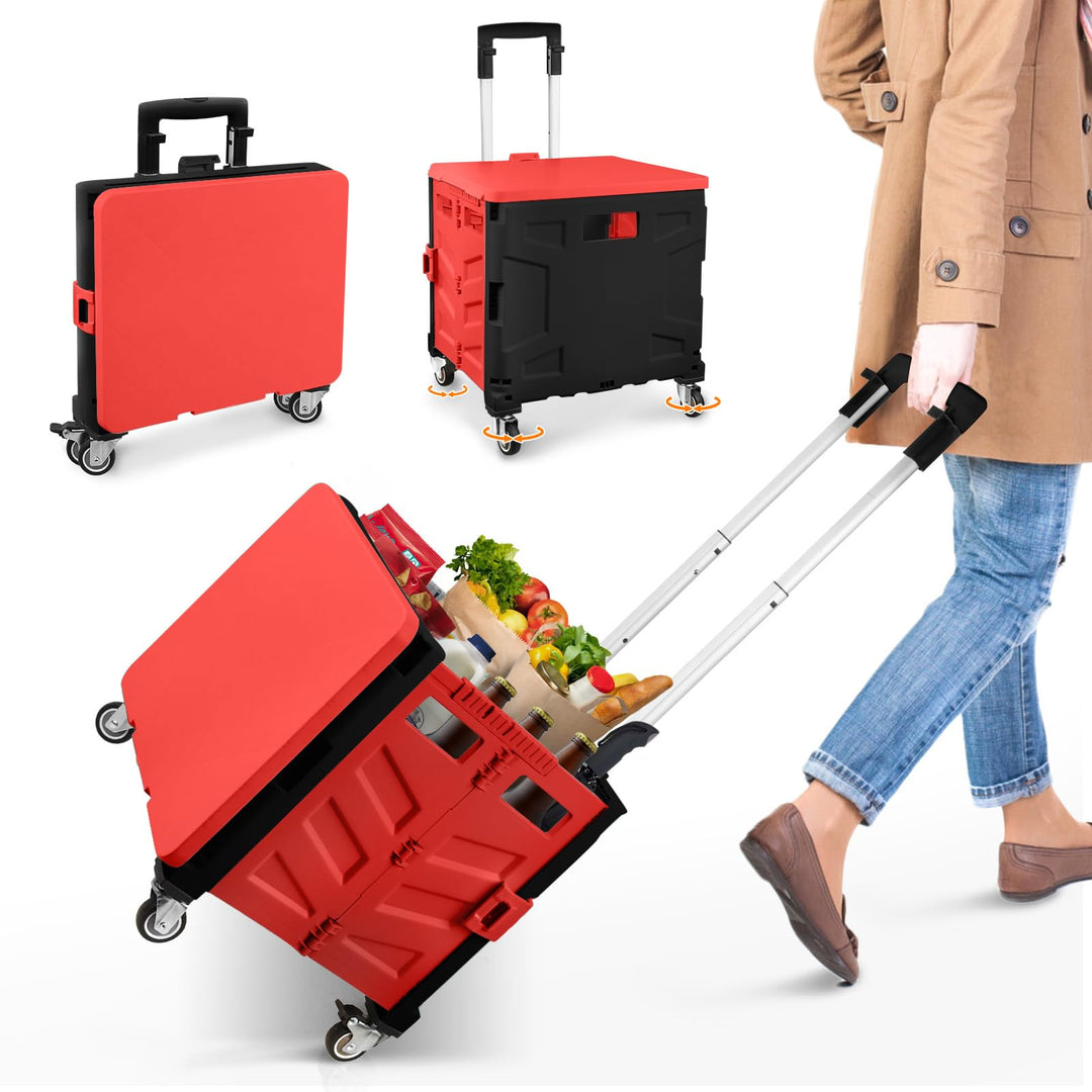 Einkaufstrolley Klappbar, Transport Trolley, bis 50 kg, 50 l Kiste, Einkaufskorb mit Deckel, Auszieh
