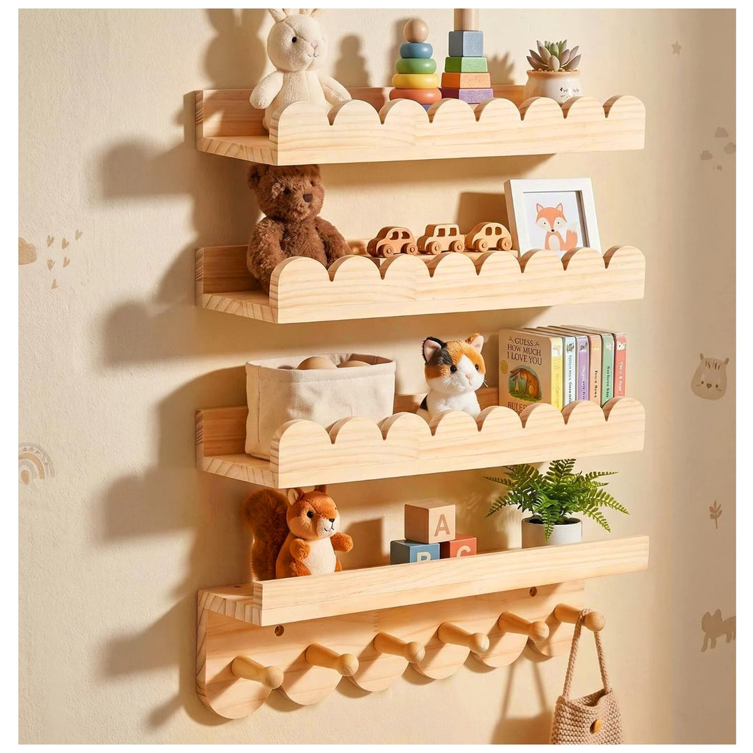 4er Set Wandregal Kinderzimmer - Naturholz Wolke Design+ Garderobe, Bücherregal Wand aus Massivholz,