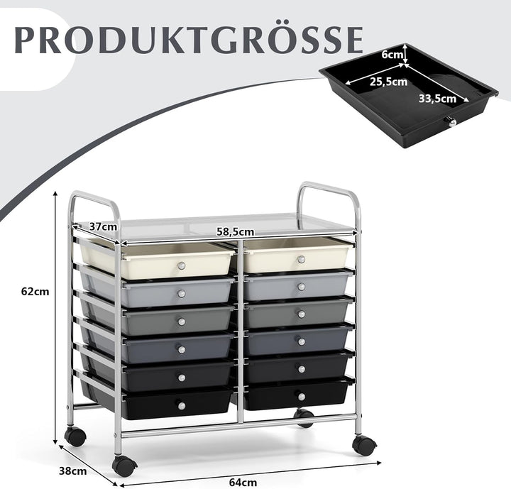 COSTWAY Rollwagen mit 12 stapelbaren Schubladen, Schubladenwagen Rollcontainer mit Metallgestell & A